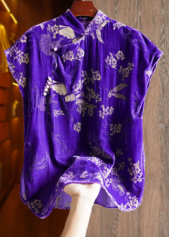 Vintage Purple Embroidered Nail Bead Button Silk Velour Shirt Short Sleeve