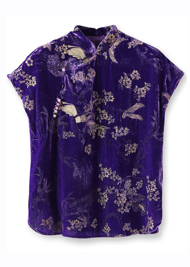 Vintage Purple Embroidered Nail Bead Button Silk Velour Shirt Short Sleeve