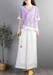 Vintage Purple Embroideried Patchwork Cotton Blouses Summer