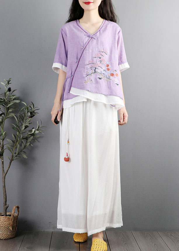 Vintage Purple Embroideried Patchwork Cotton Blouses Summer