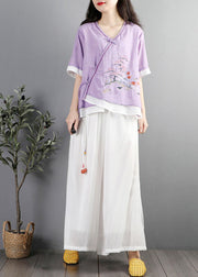 Vintage Purple Embroideried Patchwork Cotton Blouses Summer