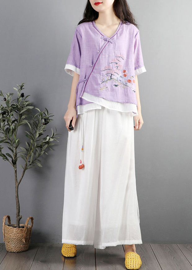 Vintage Purple Embroideried Patchwork Cotton Blouses Summer