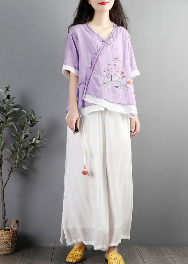 Vintage Purple Embroideried Patchwork Cotton Blouses Summer