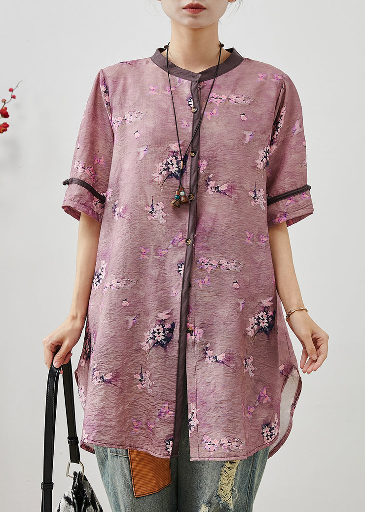 Vintage Purple Floral Linen Long Shirt Summer