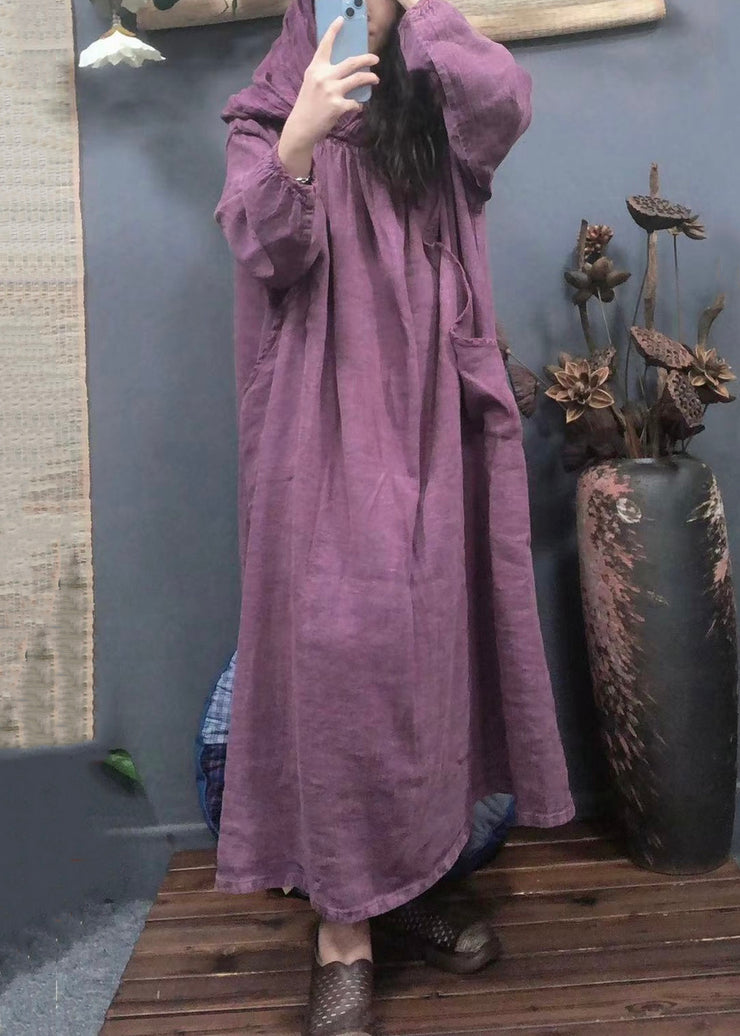 Vintage Purple Hooded Pockets Solid Linen Long Dress Spring