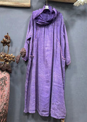 Vintage Purple Hooded Pockets Solid Linen Long Dress Spring
