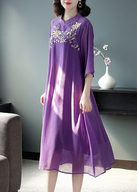 Vintage Purple Mandarin Collar Embroideried Silk Long Dress Summer