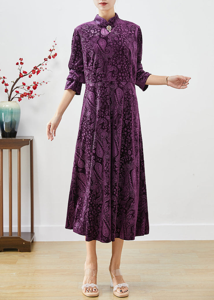 Vintage Purple Mandarin Collar Print Silk Velour Dresses Fall