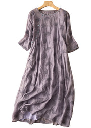 Vintage Purple O-Neck Embroidered Patchwork Linen Dress Summer