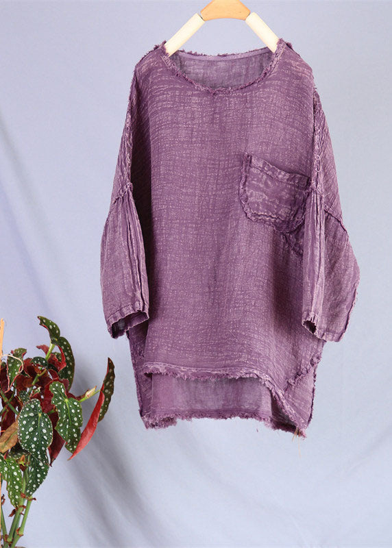 Vintage Purple O Neck Patchwork Linen Top Summer