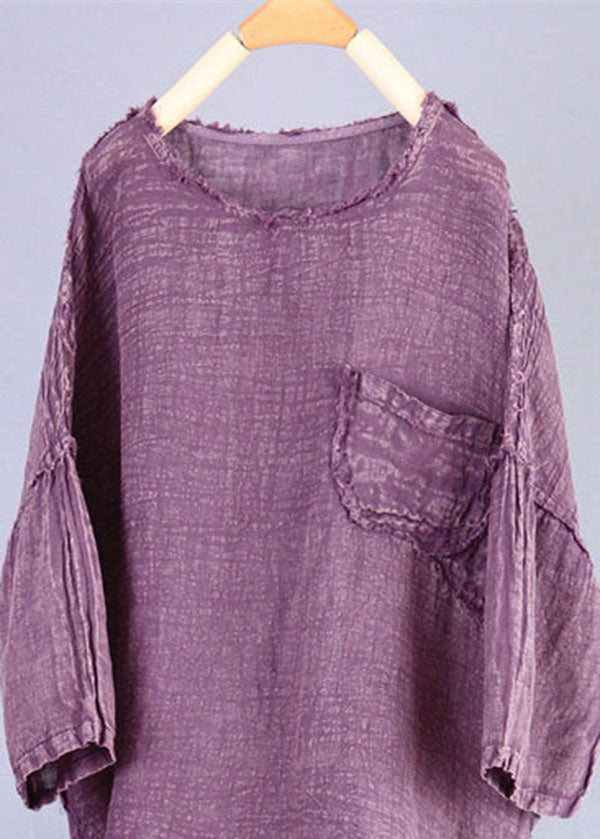 Vintage Purple O Neck Patchwork Linen Top Summer