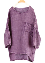 Vintage Purple O Neck Patchwork Linen Top Summer