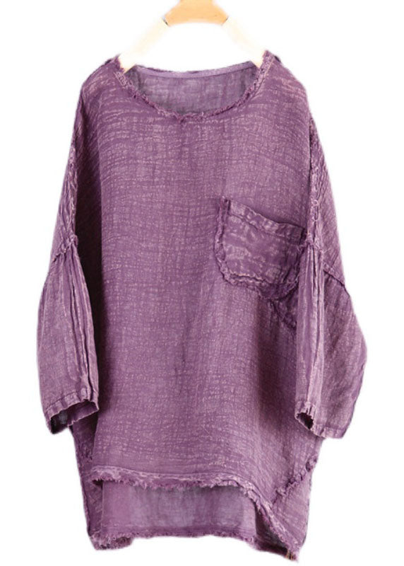 Vintage Purple O Neck Patchwork Linen Top Summer