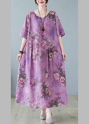 Vintage Purple O-Neck Print Maxi Dress Summer