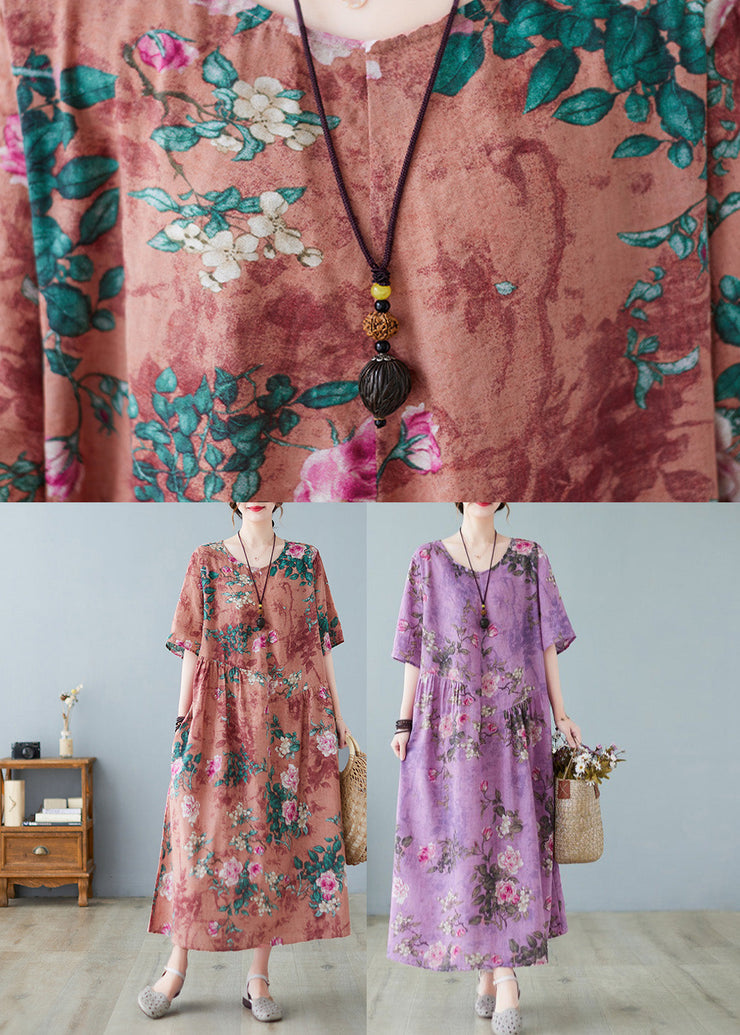 Vintage Purple O-Neck Print Maxi Dress Summer