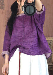 Vintage Purple O-Neck Wrinkled Linen Shirt Spring