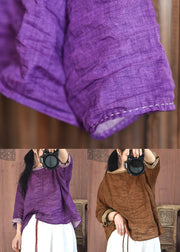 Vintage Purple O-Neck Wrinkled Linen Shirt Spring