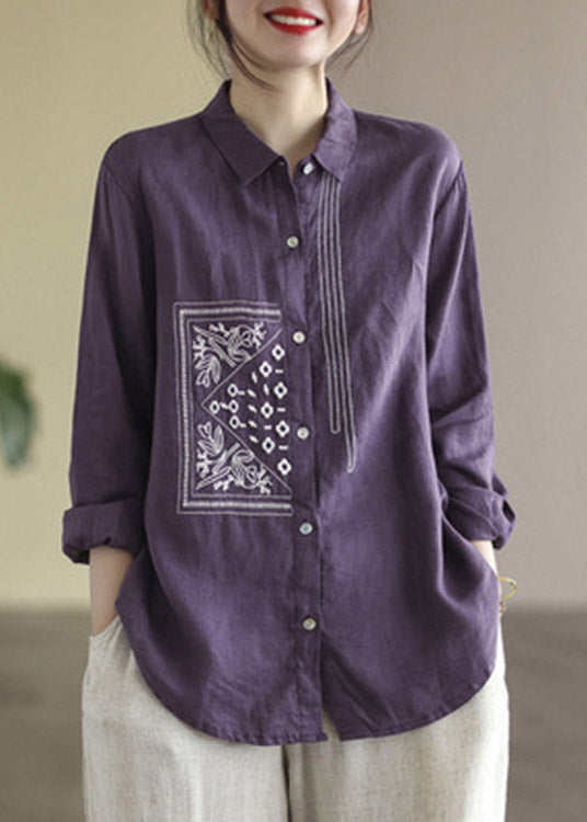 Vintage Purple Peter Pan Collar Embroideried Button Linen Shirt Long Sleeve