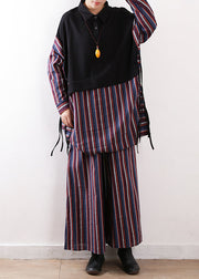 Vintage Purple Peter Pan Collar Striped Shirts And Pants Two Pieces Set Winter