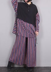 Vintage Purple Peter Pan Collar Striped Shirts And Pants Two Pieces Set Winter