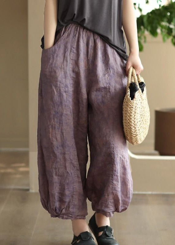 Vintage Purple Pockets Elastic Waist Linen Lantern Pants Summer