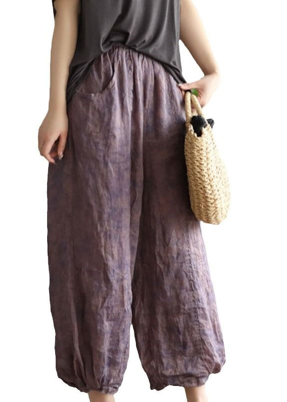Vintage Purple Pockets Elastic Waist Linen Lantern Pants Summer