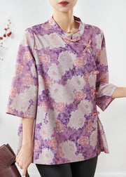 Vintage Purple Print Chinese Button Cotton Top Summer