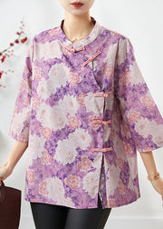 Vintage Purple Print Chinese Button Cotton Top Summer