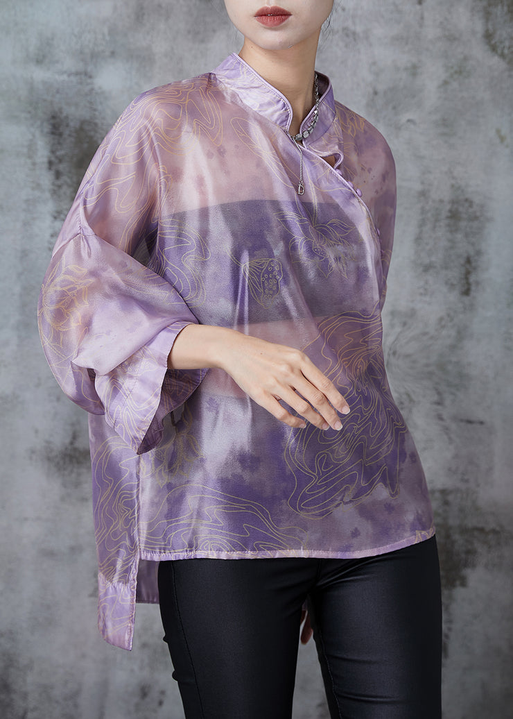 Vintage Purple Print Low High Design Silk Blouses Summer