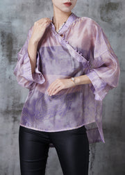 Vintage Purple Print Low High Design Silk Blouses Summer