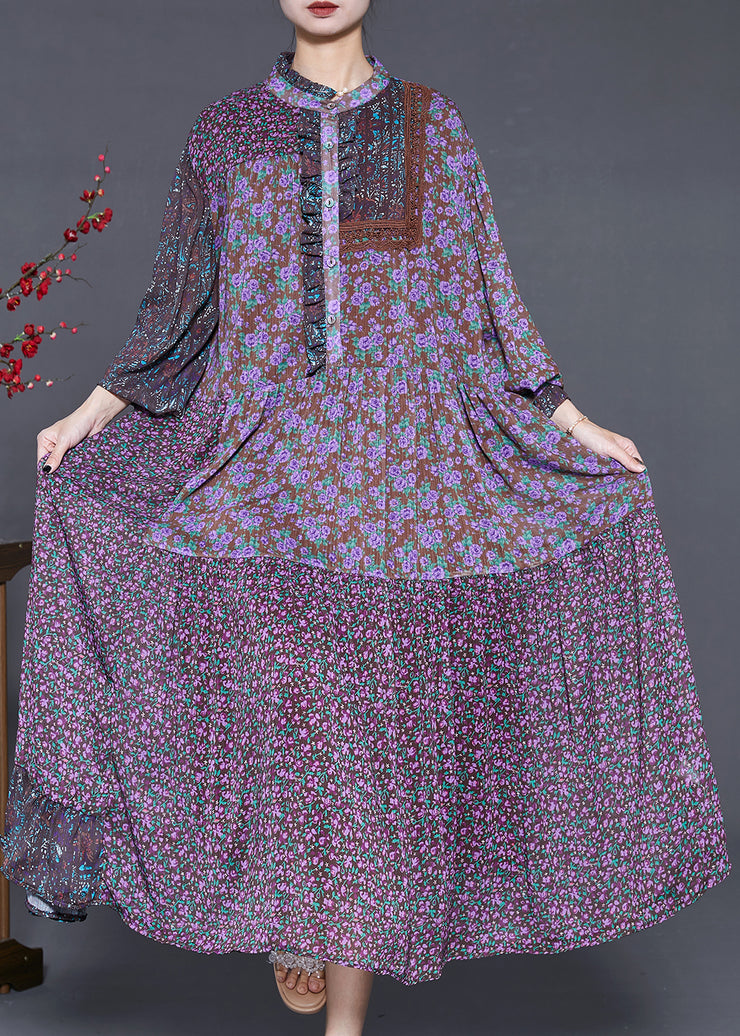 Vintage Purple Ruffled Patchwork Chiffon Dresses Summer