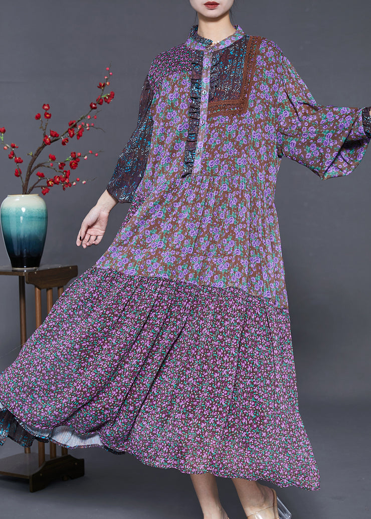 Vintage Purple Ruffled Patchwork Chiffon Dresses Summer