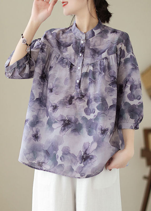 Vintage Purple Stand Collar Print Patchwork Cotton Shirt Tops Summer