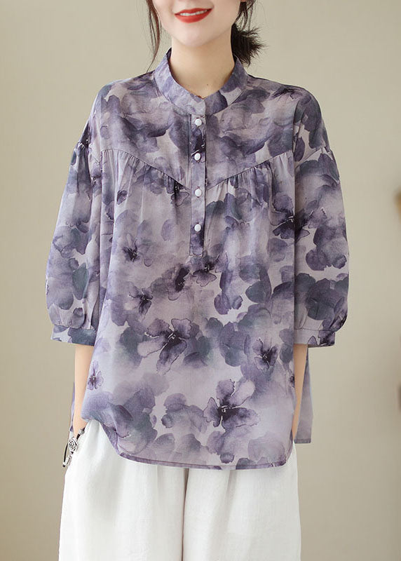 Vintage Purple Stand Collar Print Patchwork Cotton Shirt Tops Summer