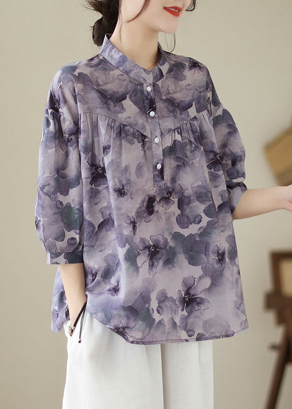 Vintage Purple Stand Collar Print Patchwork Cotton Shirt Tops Summer