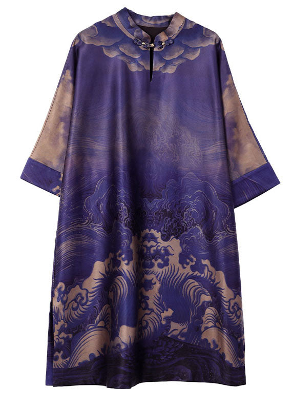 Vintage Purple Stand Collar Print Patchwork Silk Mid Dress Summer