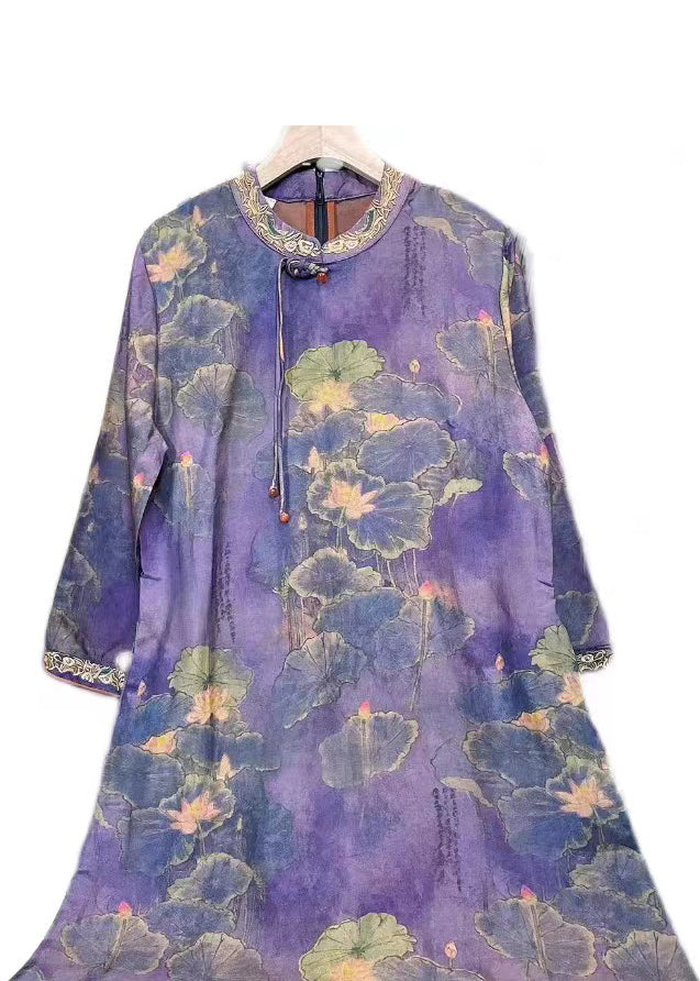 Vintage Purple Tasseled Embroideried Patchwork Silk Dresses Fall