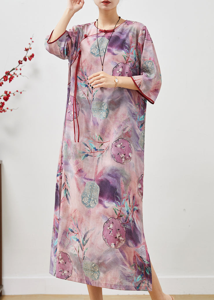 Vintage Purple Tasseled Print Cotton Cheongsam Dresses Summer