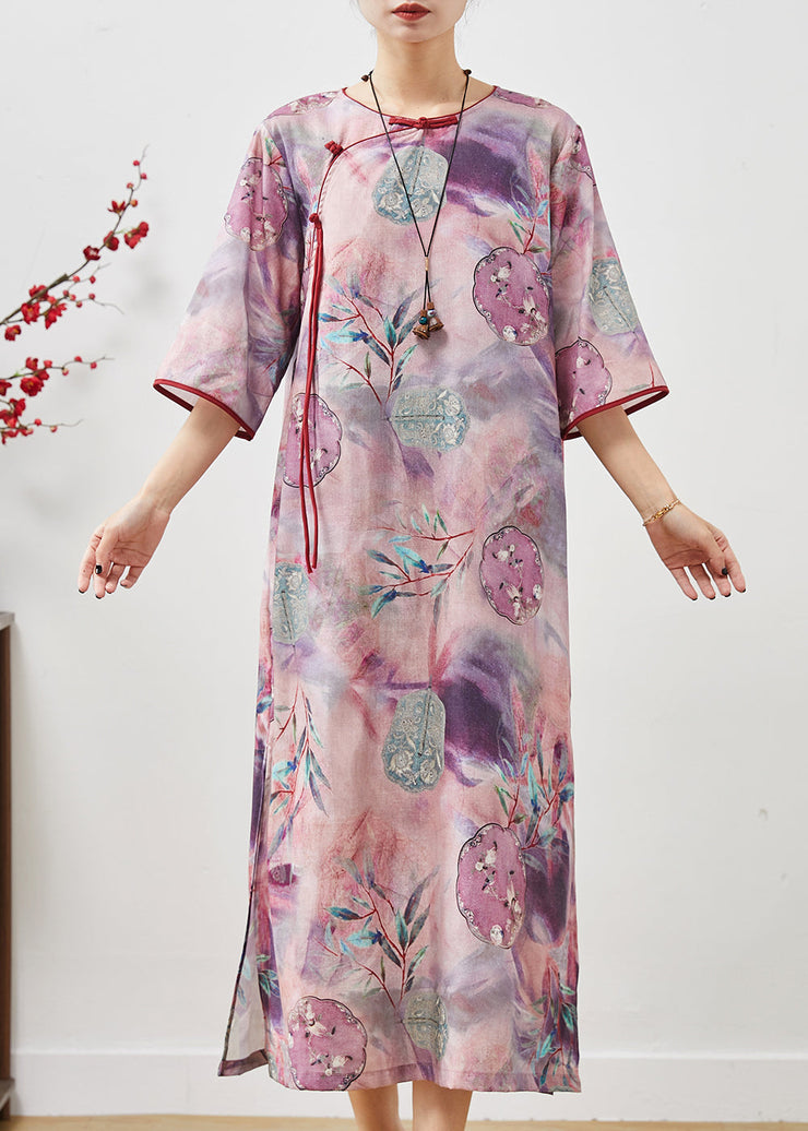 Vintage Purple Tasseled Print Cotton Cheongsam Dresses Summer