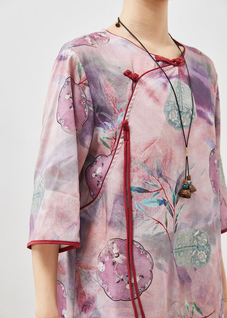 Vintage Purple Tasseled Print Cotton Cheongsam Dresses Summer