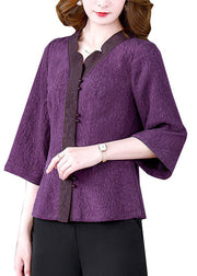 Vintage Purple V Neck Jacquard Patchwork Silk Shirts Bracelet Sleeve