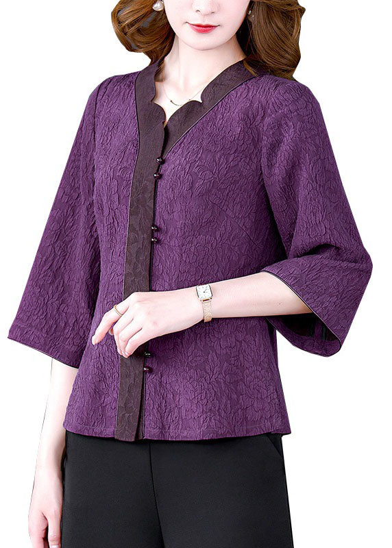 Vintage Purple V Neck Jacquard Patchwork Silk Shirts Bracelet Sleeve