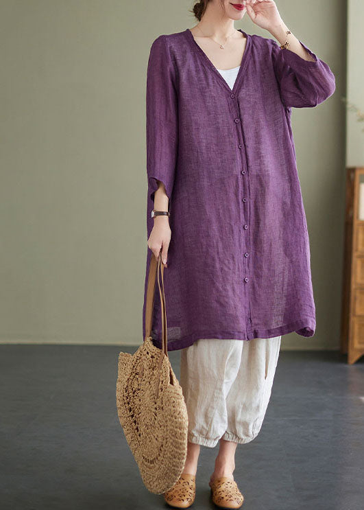 Vintage Purple V Neck Oversized Linen Long Cardigan Bracelet Sleeve