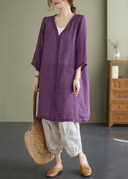 Vintage Purple V Neck Oversized Linen Long Cardigan Bracelet Sleeve