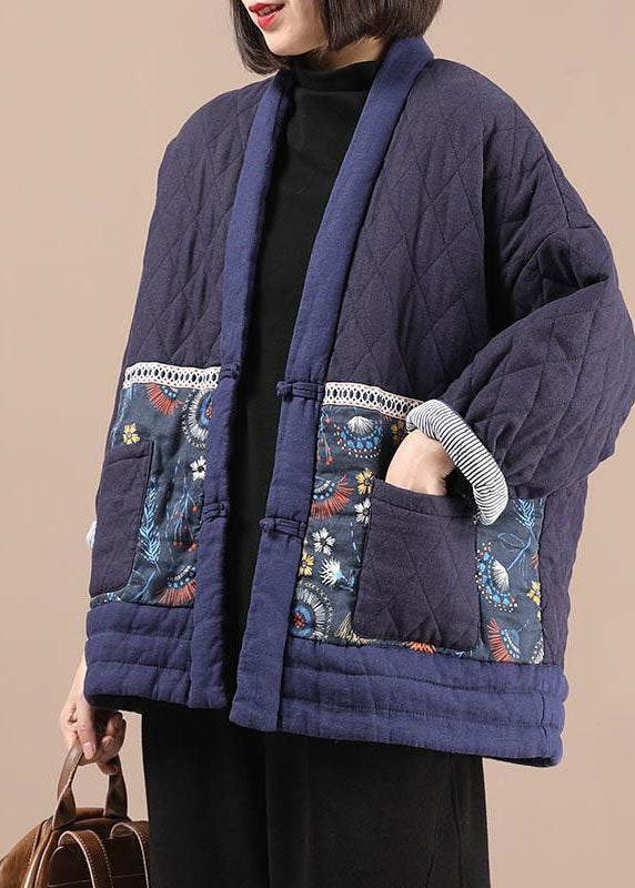 Vintage Purple V Neck Patchwork Print Fine Cotton Filled Parkas Winter