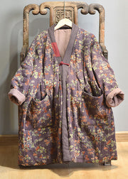 Vintage Purple V Neck Pockets Print Fine Cotton Filled Winter Coats