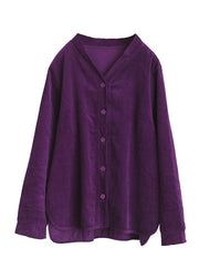 Vintage Purple V Neck Solid Color Button Corduroy Shirt Tops Long Sleeve