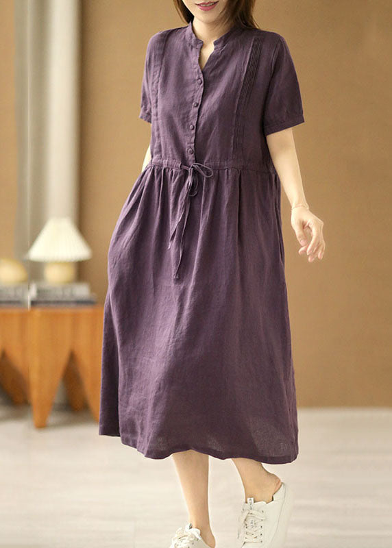 Vintage Purple V Neck Wrinkled Tie Waist Linen Long Dresses Short Sleeve