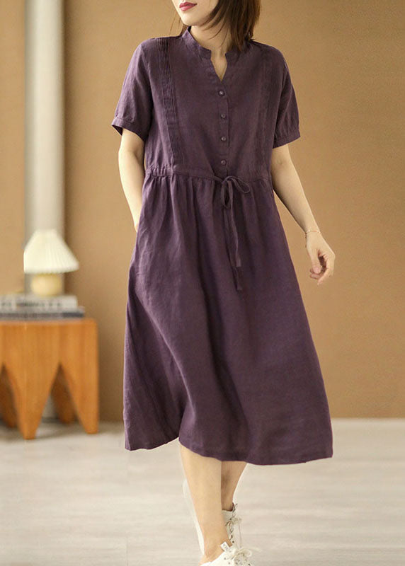 Vintage Purple V Neck Wrinkled Tie Waist Linen Long Dresses Short Sleeve