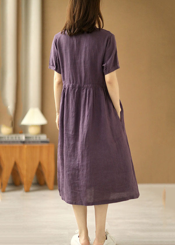 Vintage Purple V Neck Wrinkled Tie Waist Linen Long Dresses Short Sleeve